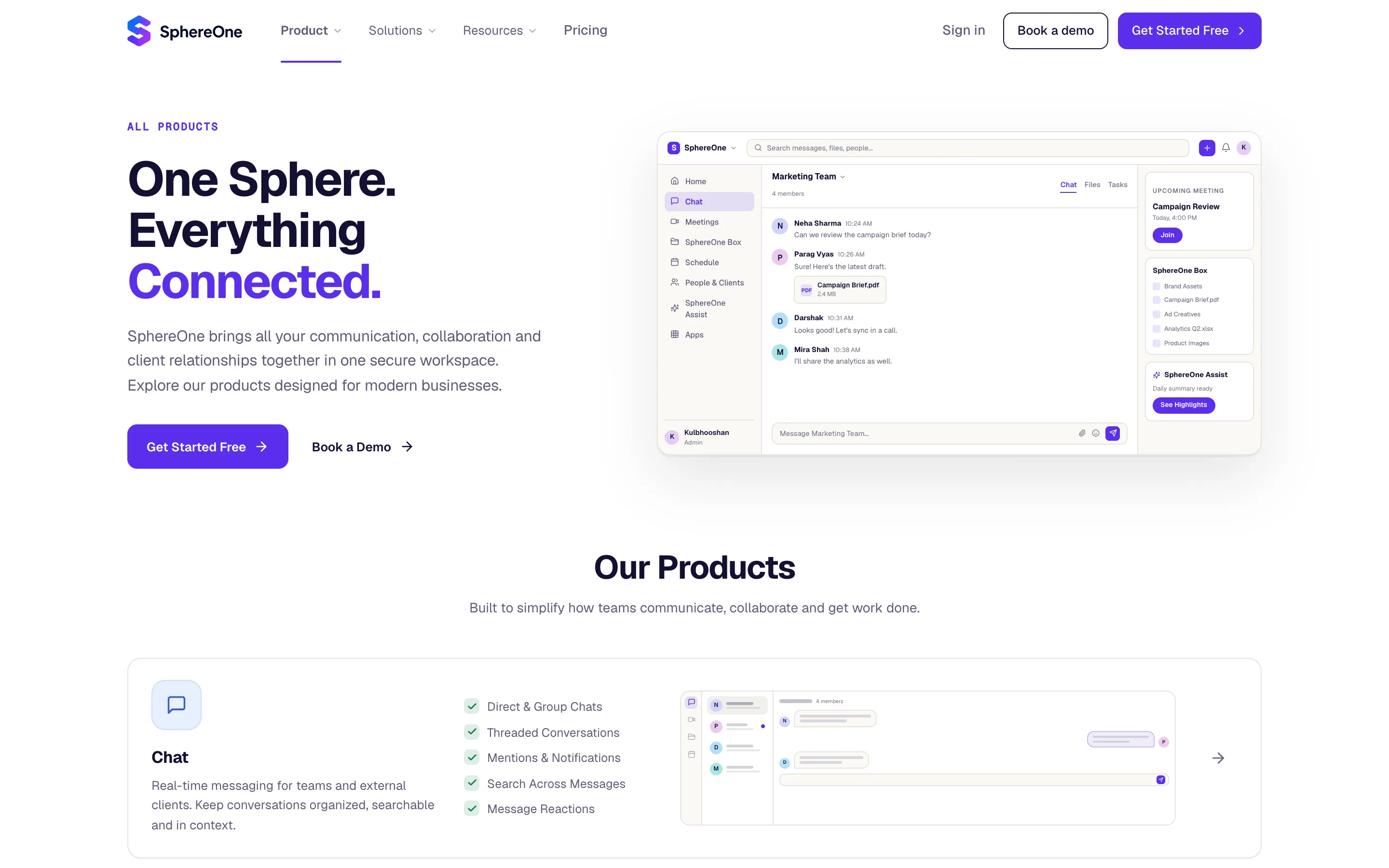 SphereOne.ai homepage with the headline "One Sphere. Everything Connected.", its main calls to action and a preview of the workspace