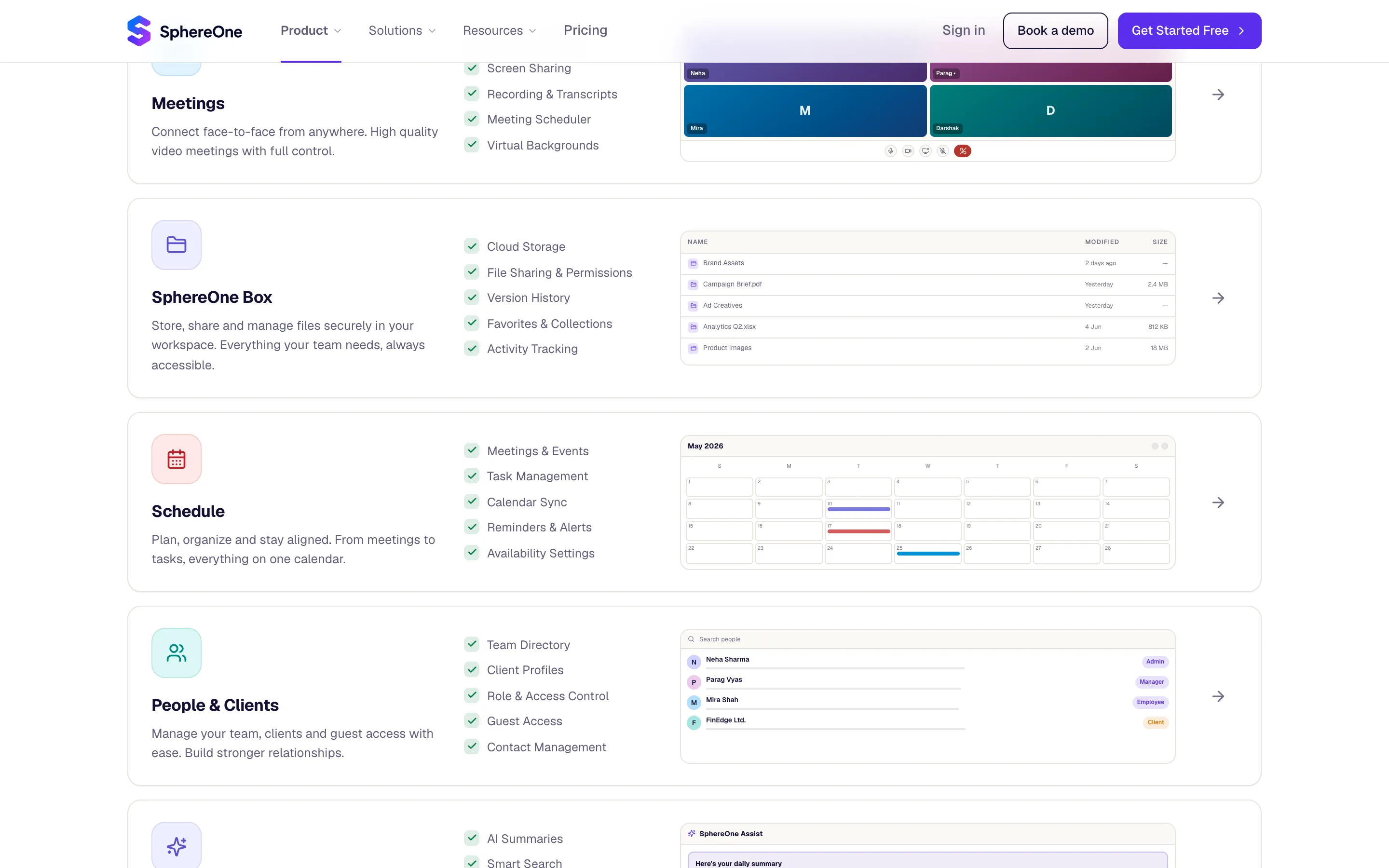 SphereOne.ai product overview showing the workspace's feature modules side by side